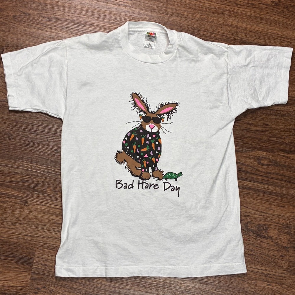 Vintage Bad Hare Day Bunny Graphic T-Shirt Fruit of the Loom Heavy Large 90s